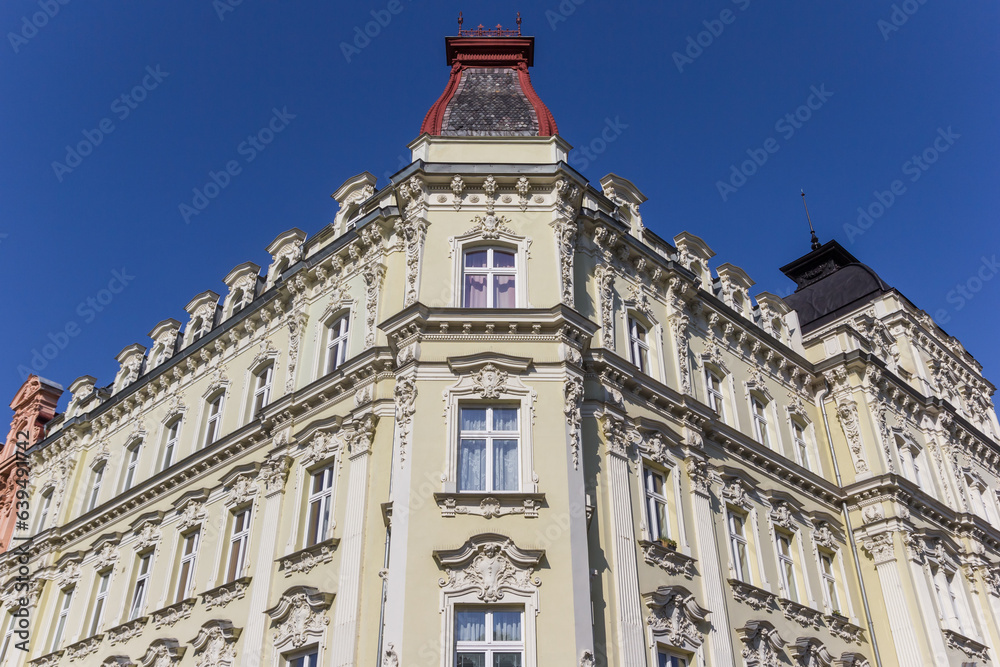 Richly decorated corner tower of an apartment building in Karlovy Vary