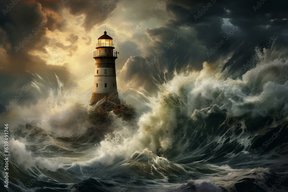 A towering lighthouse in a stormy sea with thunderous waves crashing. Generative AI