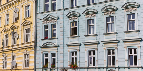 Panorama of colorful facades of apartment buildings in Karlovy Vary, Czech Republic