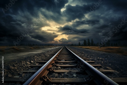 A train track with a dark sky and cloudy background, leading left. Generative AI