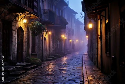 Foggy evening on an old narrow street in Bergamo's medieval town, Citta Alta, Lombardia. Generative AI