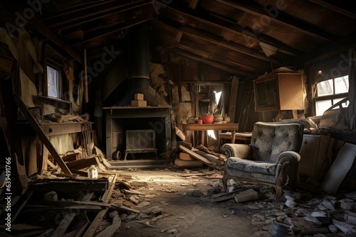 Interior of a dilapidated living space filled with remnants of an abandoned home. Generative AI