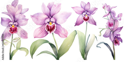Set of Orchid flowers watercolor style.