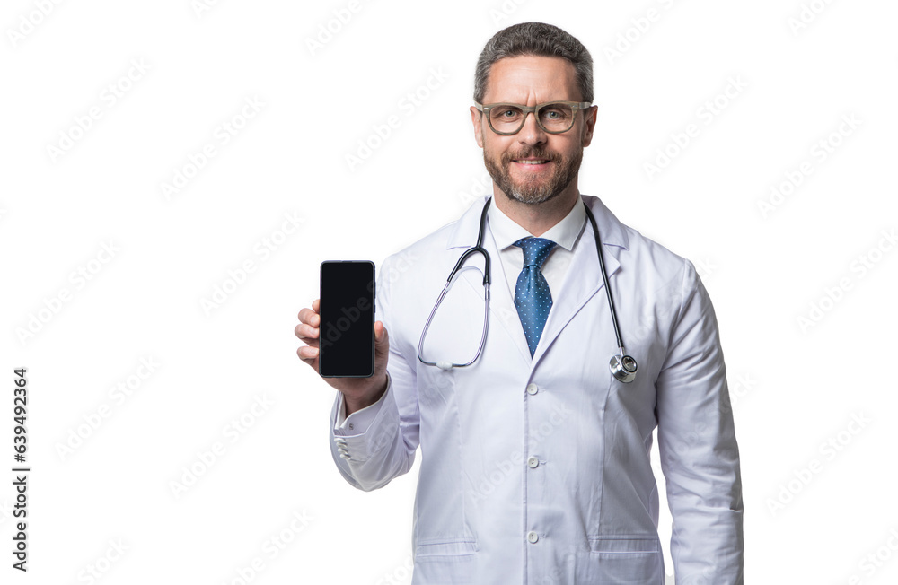 cheerful medical man show telehealth isolated on white. medical man show telehealth cheerful medical man show telehealth isolated on white. medical man show telehealth