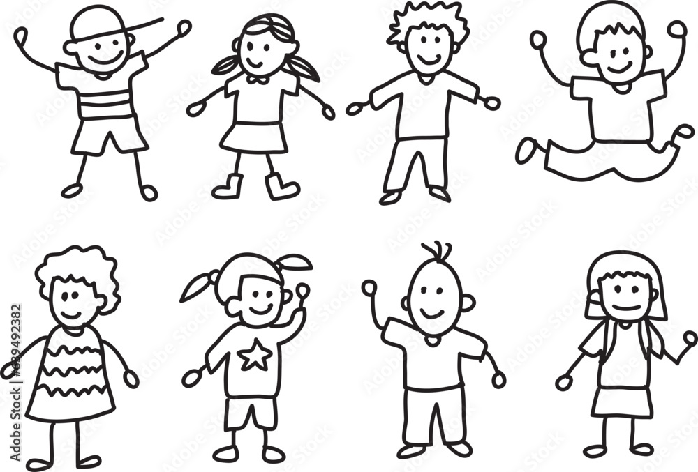 set of hand drawn children stickman childish style cartoon illustration