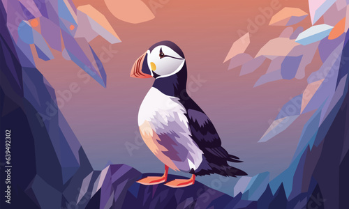 Isolated Little Puffin Sitting on Colorful Mountain.
