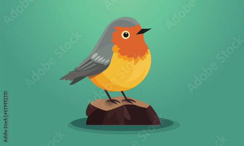 Isolated Robbin Bird Character Sit on Rock in Pastel Green Background.