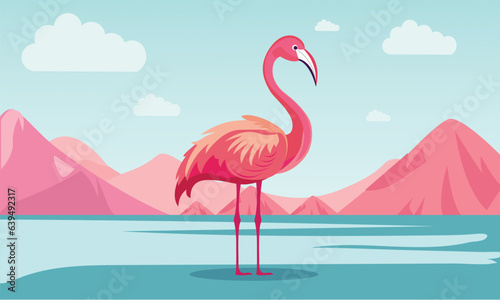 A Cute Flamingo Standing Against Pink Mountain in Sky Blue Clouds Background.