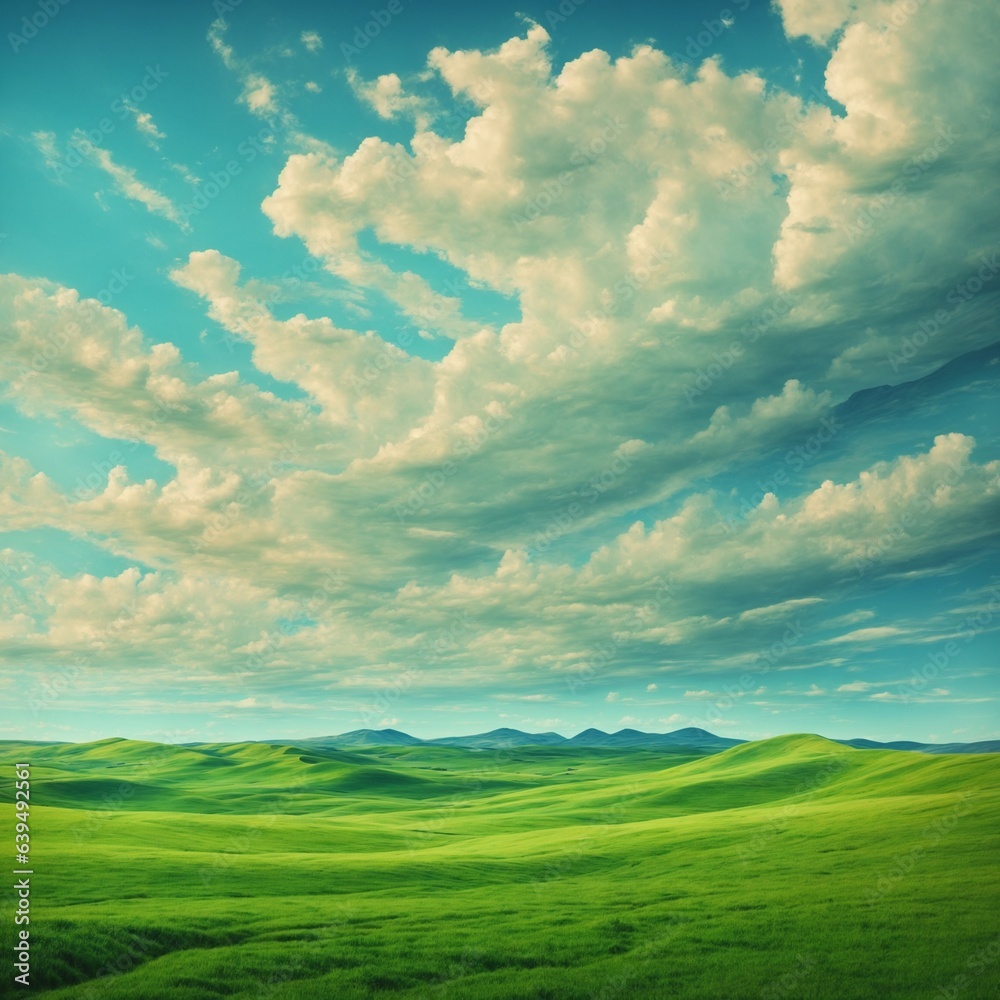 hills landscape, green grass, blue sky with clouds, flat style cartoon painting illustration. Generative AI.
hills landscape, green grass, blue sky with clouds, flat style cartoon painting illustration. Generative AI.