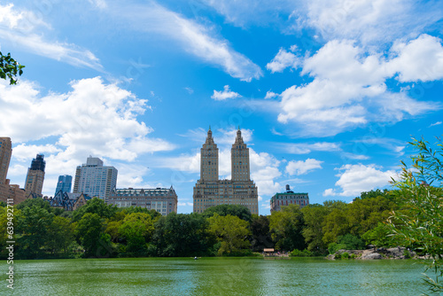 central park of new york. Beautiful view of the Jacqueline Kennedy Onassis Reservoir in urban park. city landscape of manhattan ny from central park. nyc and manhattan. Famous for its landmarks