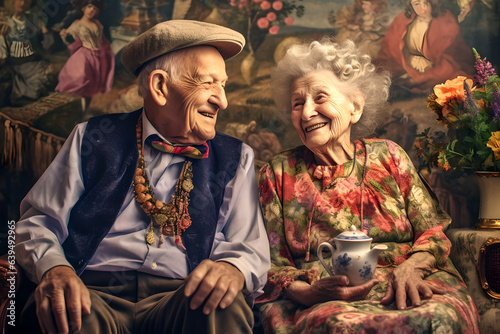 Portrait of happy elderly couple laughing together sitting in boarding house, senior couple enjoy their time together
