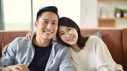 Portrait of young couple family sitting in sofa couch looking at camera, Happy young adult couple man and woman smiling looking at camera while sitting at home