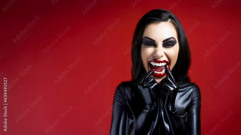 Woman with Red Lips in black Vampire gothic Costume at halloween Woman with Red Lips in black Vampire gothic Costume at halloween