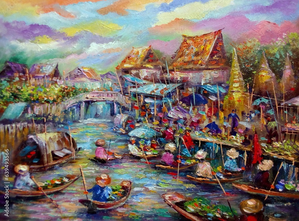 Art painting Oil color dumnoen saduak floating market at Thailand