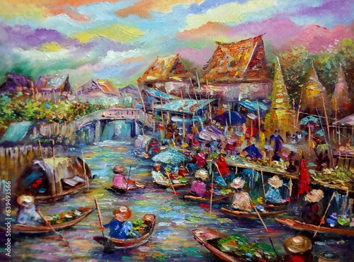 Art painting Oil color dumnoen saduak floating market at Thailand