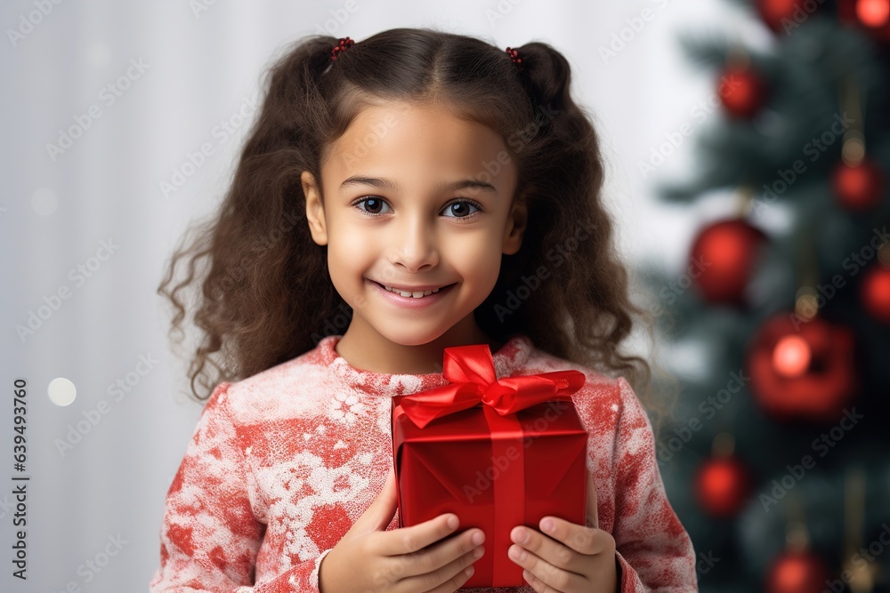 a girl with a gift in her hands and smiling. Generative AI a girl with a gift in her hands and smiling. Generative AI