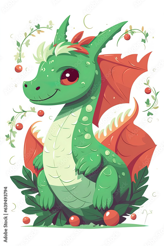 Fototapeta premium Fantasy cute dragon with christmas hat, new year's card, New Year 2024. Generative AI