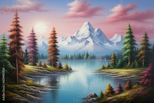 Scenic landscape with mountain, lake, blue sky, and trees depicted in an oil painting mimicking Bob Ross style. Generative AI
