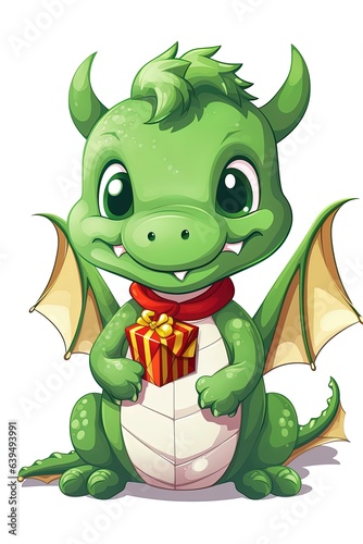 Fantasy cute dragon with christmas hat, new year's card, New Year 2024. Generative AI © Irina