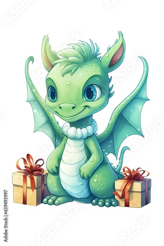 Fantasy cute dragon with christmas hat  new year s card  New Year 2024. Generative AI