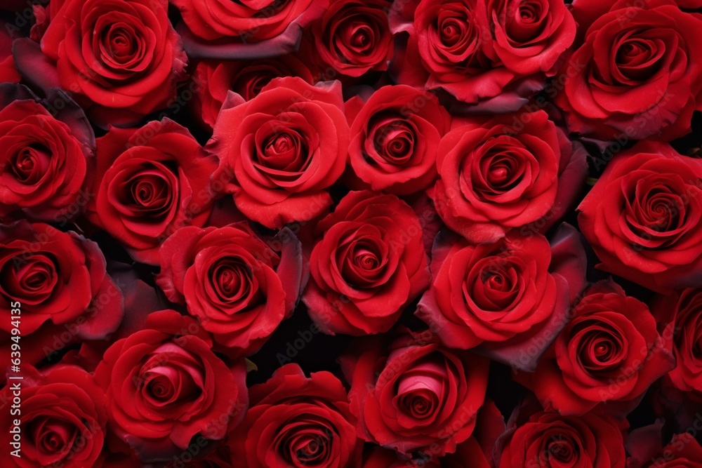 Beautiful display of crimson roses as a vibrant background. Generative AI
