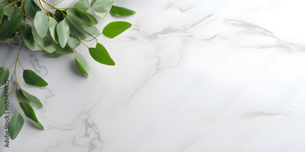 Empty marble podium and green eucalyptus branches on  background. Fresh natural mock up for cosmetic product advertising. Copy space for text generated by AI. - obrazy, fototapety, plakaty 