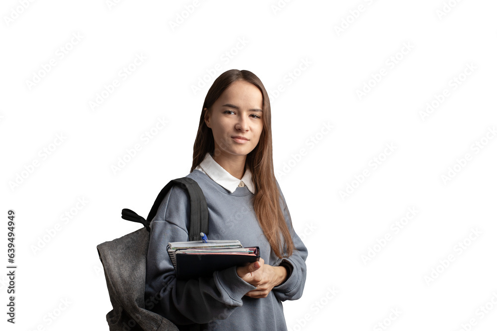Student girl with books and notebooks isolated, college campus, education concept, young woman studying in library Student girl with books and notebooks isolated, college campus, education concept, young woman studying in library