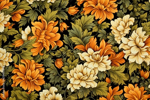 Floral pattern featuring yellow-orange flowers and green leaves. Generative AI