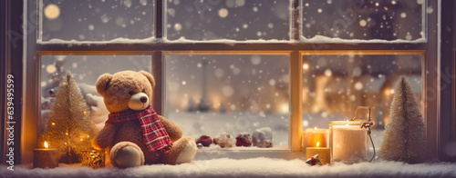 beautiful christmas card. a teddy bear sits on a windowsill surrounded by burning candles and looks at the winter forest outside the window, legal AI