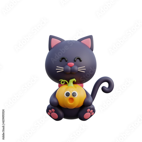 3D cute Halloween black cat cartoon character, trick or treat party, october holiday, 3d rendering.