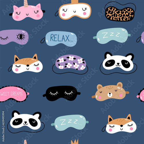 Seamless pattern with Sleep masks. Blindfold classic and animal shaped - unicorn, bear, fox, panda. Vector illustration