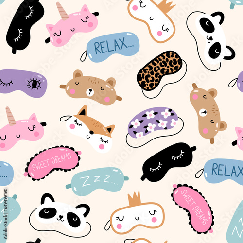 Seamless pattern with Sleep masks. Blindfold classic and animal shaped - unicorn, bear, fox, panda. Vector illustration