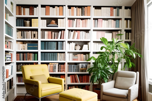 Modern library with cozy armchair and book shelves with books arranged in room with potted plant. Side view