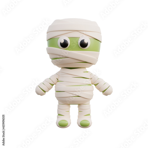 3d Halloween cute mummy zombie cartoon character, trick or treat party, october holiday, 3d rendering.