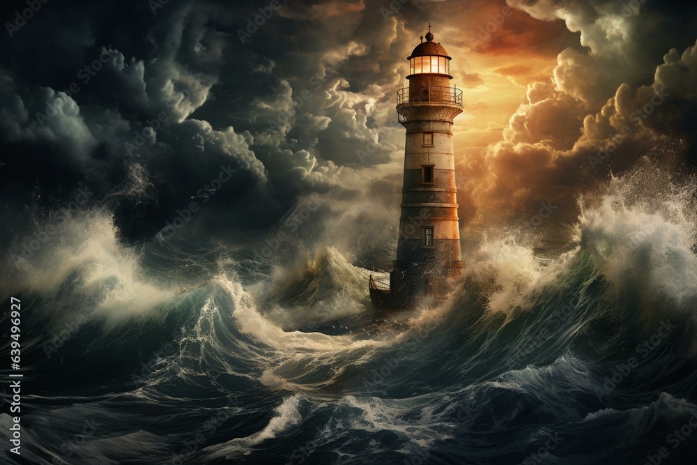 Image of a lighthouse amidst turbulent waves, dark clouds, and mystical symbolism, ideal for tarot decks and posters. Generative AI