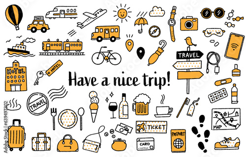シンプルでかわいい手描きの旅行イラストセット（イエロー）