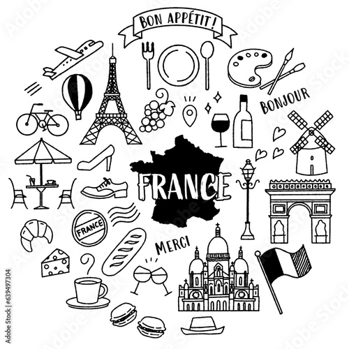 シンプルでかわいいフランスにまつわるイラストセット（モノクロ）
