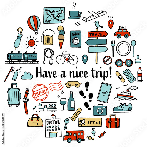 シンプルでかわいい手描きの旅行イラストセット（カラフル）