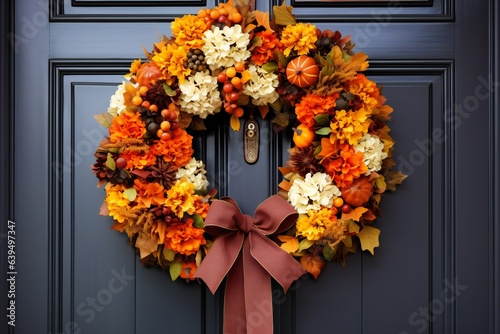 A wreath of autumn maple leaves, pumpkins, apples, hawthorn berries and ivy on a dark door as a decoration for Halloween or thanksgiving day. Generative ai © Yulia