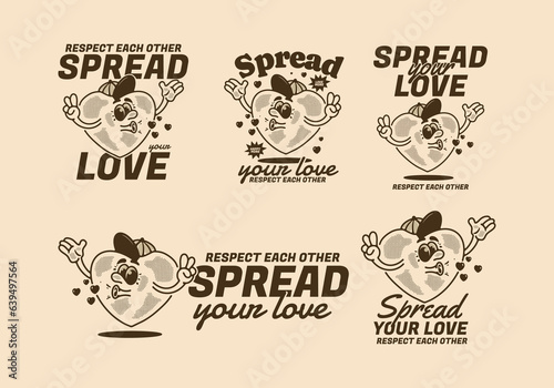 Spread your love, Heart mascot character illustration, in five different type