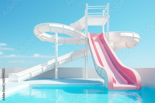 Mockup of a blank colored waterslide with swimming pool  multiple angles. Generative AI