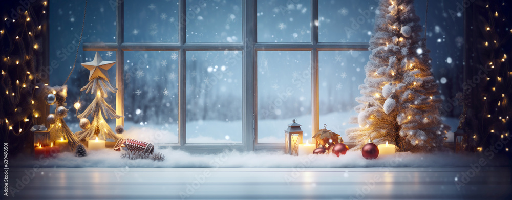 Christmas vintage card with a window overlooking the snowy forest, legal AI