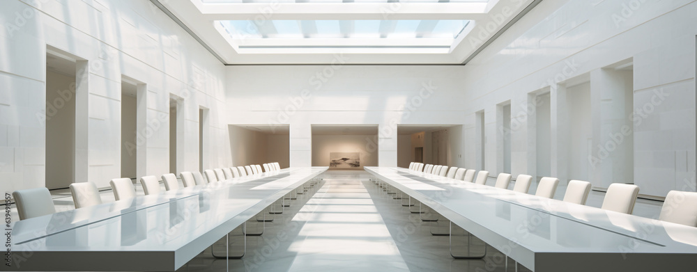 Obraz premium huge conference room made of white marble on a sunny day, legal AI