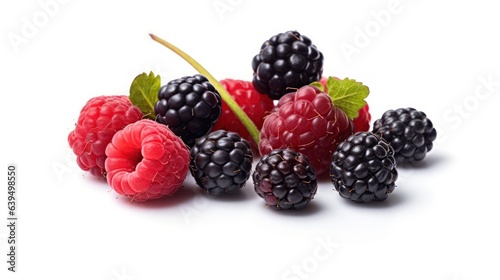 raspberries and blackberries on white background 