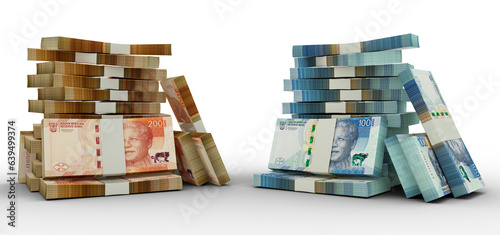 3d rendering of Stacks of South African rand notes. bundles of South African currency notes isolated on transparent background