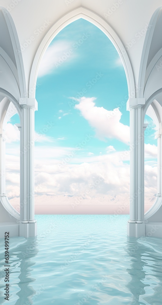 Surreal and pastel hues of aqua and cloud-streaked skies envelope the majestic outdoor archway, its columns reflecting in the still body of water beneath
