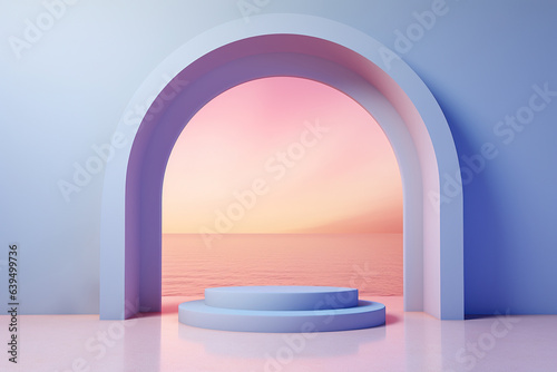 Foto A surreal pastel-hued indoor scene of a round podium framed by an arching wall,