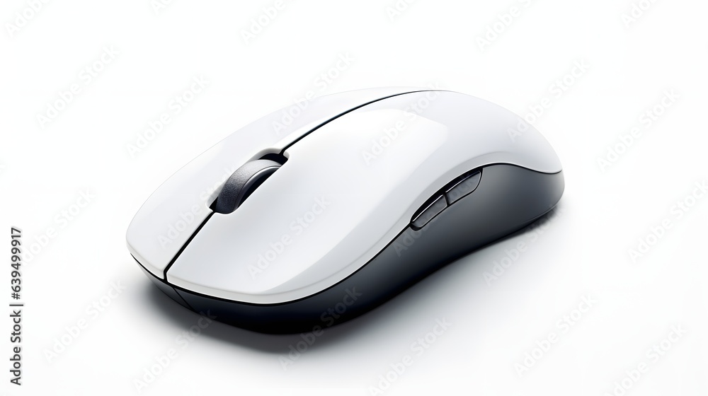 A white wireless computer mouse with a black scroll wheel on a white background A white wireless computer mouse with a black scroll wheel on a white background