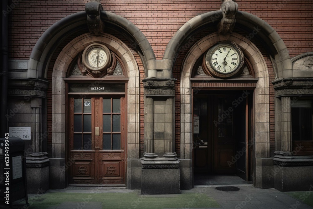 A building with two clock faces and a door. Generative AI