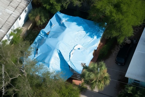 Overhead view of damaged house roof covered with tarps after Hurricane Ian. Generative AI